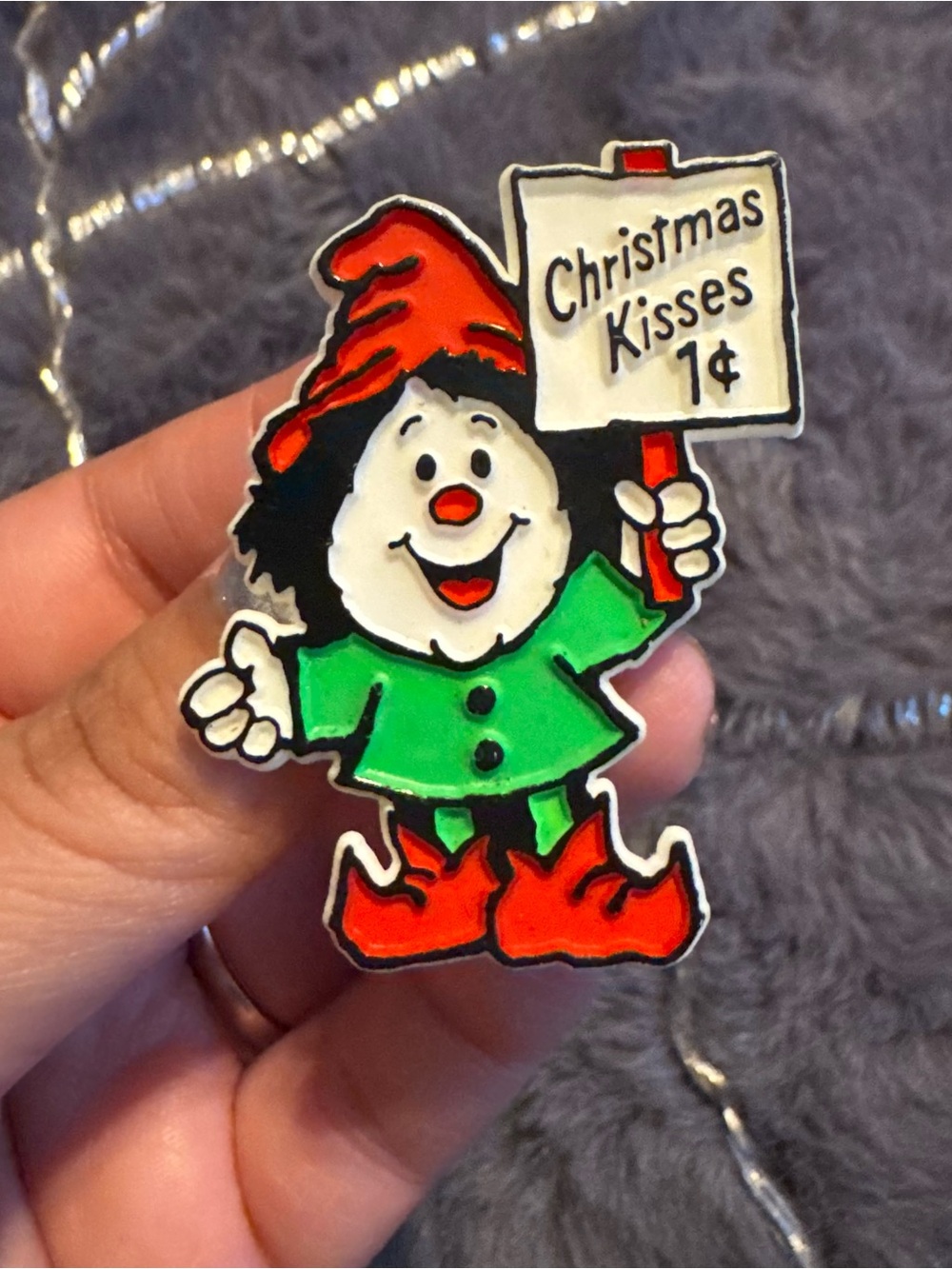 Vintage Hallmark Christmas Elf Brooch Lapel Pin Kisses 1c